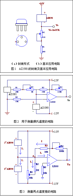 利用兩個AD590測量兩點溫度差的電路