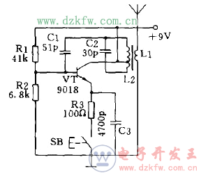 最簡單的電感三點(diǎn)式無線電遙控發(fā)射器電路圖