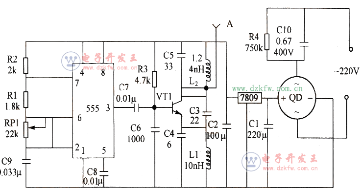 由555音頻振蕩器和FM發(fā)射機(jī)電路等組成的FM無線發(fā)射電路